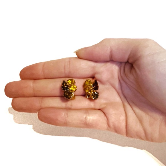 Vintage Gold Brown Tone Rhinestone Clip On Earrings Sparkly Classy Fancy Pretty - Picture 9 of 10